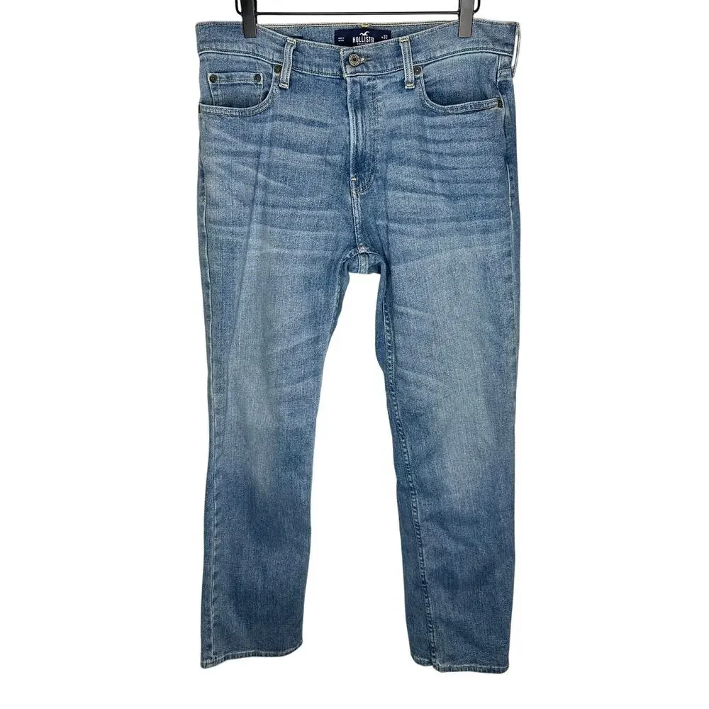Hollister Classic Straight Jeans Mens 33x32 Light Wash Epic Flex Blue Denim